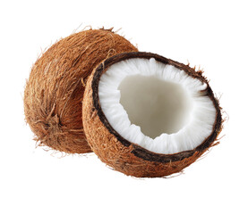 Two coconuts, one whole, one halved, showing the white flesh inside.  Brown husk,  natural light