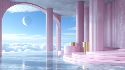 Pastel - Hued Architectural Interior with Columns and Arch, Overlooking Clouds and Crescent Moon 