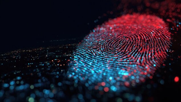 Abstract fingerprint with glowing particles over a night cityscape