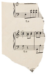 Torn scrap from music sheet page, old vintage yellowed paper with notes isolated for scrapbooking