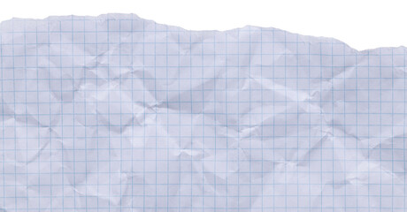 White abstract texture of crumpled checkered graph paper with blue grid, backdrop with torn edge