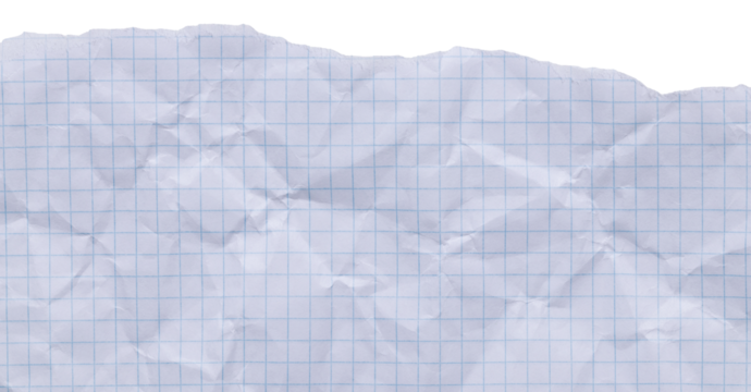 White abstract texture of crumpled checkered graph paper with blue grid, backdrop with torn edge