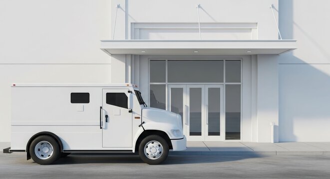 Armored truck parked in front of a white building with glass doors, showcasing security and transportation. - Powered by Adobe