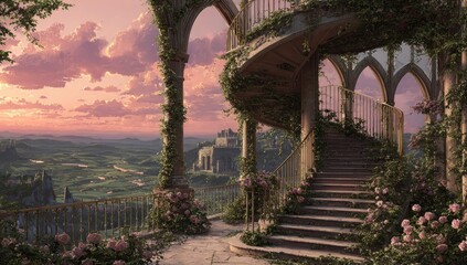Fototapeta premium A sun-drenched, fanciful balcony overlooking a valley