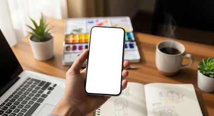 Fototapeta premium A person holds a smartphone with a blank screen, surrounded by art supplies and a laptop on a wooden desk.