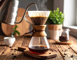 Barista Pouring Steamed Milk into Coffee Dripper on Wooden Table