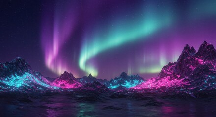Aurora Borealis Over Jagged Mountains with Vibrant Pink and Blue Glow
