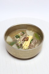 Traditional Korean Galbitang Short Rib Soup on White Background – Authentic Asian Cuisine, Clear Broth with Beef and Vegetables