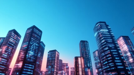 Obraz premium Neon Cityscape Skyscrapers at Dusk, urban , architecture