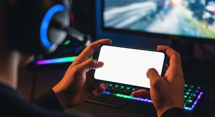 A person holds a smartphone with a blank white screen in front of a gaming setup with a monitor, keyboard, and headset.