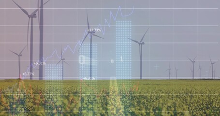 Spinning wind turbine over farmland with yellow blooms, financial charts and percentage labels