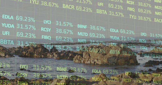 Displaying rocky coastline beneath translucent grid overlay at shore, with stock ticker codes