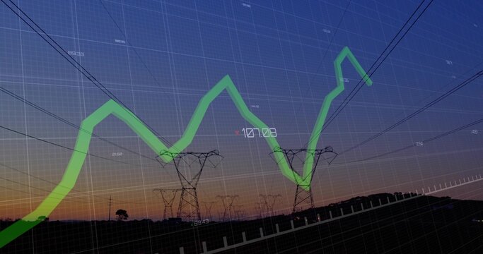 Displaying electricity pylons over rural field at dusk, featuring grid and green line chart 107