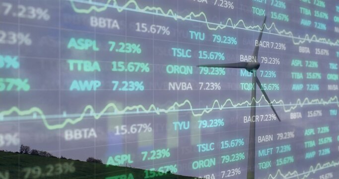 Merging modern 3-blade wind turbine standing on grassy hill, overlaying stock tickers and graphs
