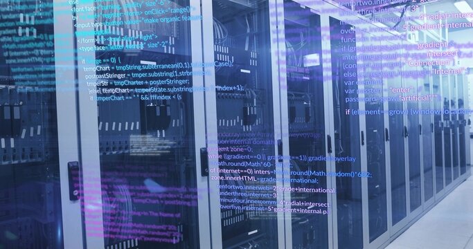 Stretching glass-door server racks showing blinking LEDs and code overlay in data center - Powered by Adobe