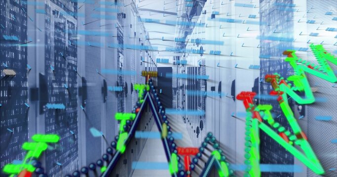 Displaying server racks lining data center corridor with binary code panels, floating 3D overlays