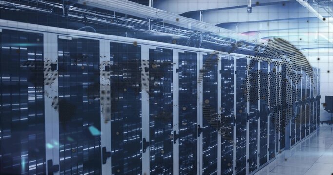 Shining black server racks showcasing blinking LEDs along data center hall with world map overlay