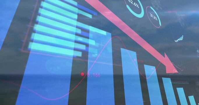 Displaying chart on office window showing sky, blue bars, red arrow, pink line and percentage rings