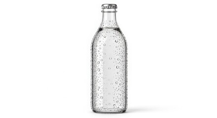 A transparent glass bottle filled with clear liquid, covered in condensation, isolated on white.