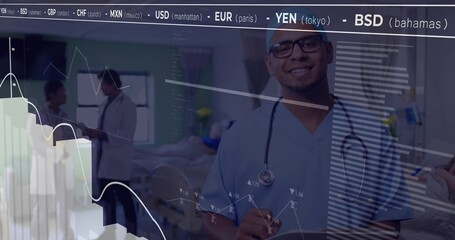Smiling doctor in blue scrubs in hospital holding stethoscope with stock tickers overlay