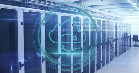 Showing server cabinets syncing in data center corridor, with cloud sync icon and reflective floor