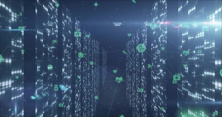 Fototapeta premium Extending glowing server racks creating data center corridor, with floating green icons and lines