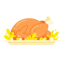 vector illustration of a whole roasted turkey on a serving platter with garnish for a festive Thanksgiving holiday dinner centerpiece.