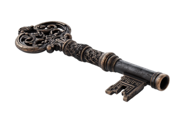 Decorative Antique Key with Gothic Inspired Handle on Transparent Background