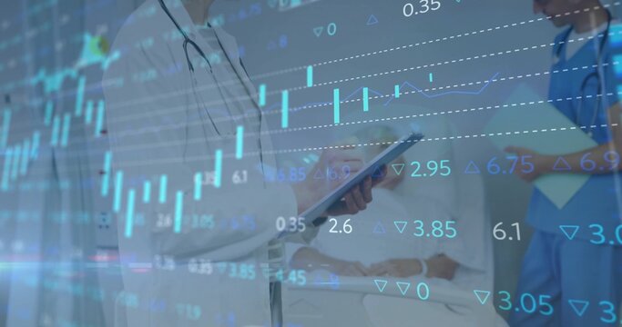 Monitoring team reviewing tablet data by bed rails in patient room, with financial chart overlay