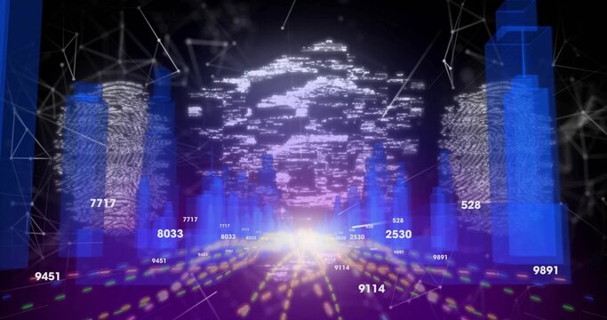 Forming translucent fingerprinted data bars in cyberspace, showing numeric labels and network lines