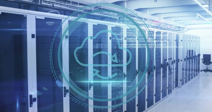 Showing server cabinets syncing in data center corridor, with cloud sync icon and reflective floor - Powered by Adobe
