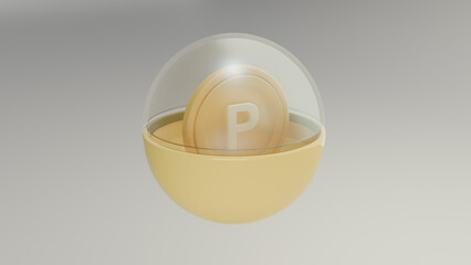 노란색 플라스틱과 투명한 플라스틱으로 만든 랜덤 뽑기 공과 노란색 포인트 동전