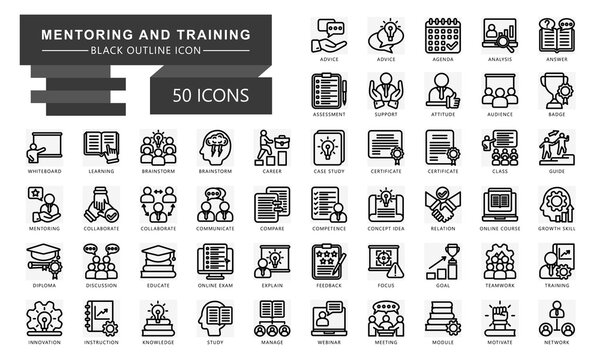 Mentoring and training black outline icons set. contain learning, training, agenda, mentoring, badge, certificate, goal and more. Vector for modern concept, print, UI, UX kit, web and app development.