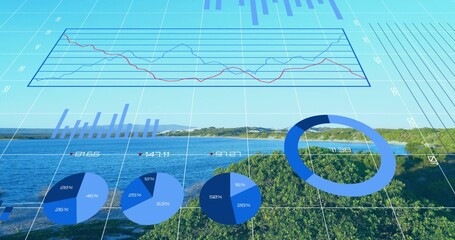 Naklejka premium Floating blue ring chart hovering over lake and shrubs, showing grid, line, bar and pie charts