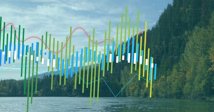 Fototapeta Displaying financial chart overlay at lakeshore, with candlestick bars and line graphs