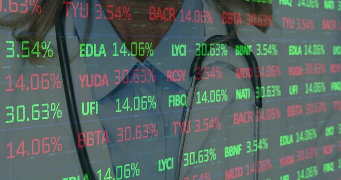 Merging clinician in blue scrubs at hospital amid stock ticker overlay, with stethoscope - Powered by Adobe