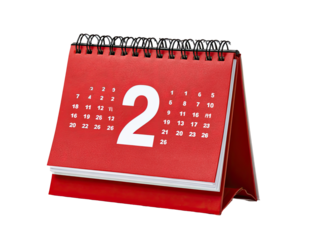Red tabletop calendar, showing the date 2nd
