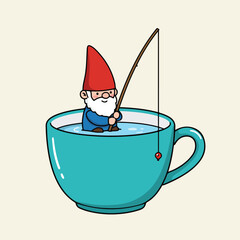 Tiny gnome fishing in a teacup
