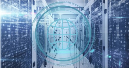 Streaming binary code overlay crossing data center aisle, with server racks, globe network icon