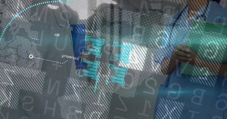 Analyzing two doctors in scrubs scanning holographic world map and charts in lab, with tablet
