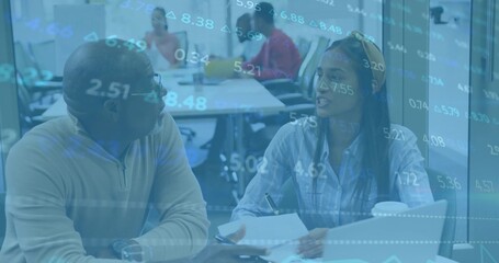 Discussing market trends man and woman conversing in corporate conference room, with data overlay