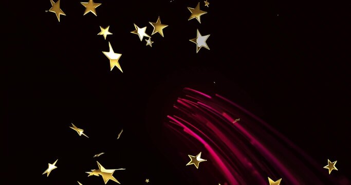 Naklejki Floating metallic gold star shapes drifting in abstract dark space, with magenta light streaks