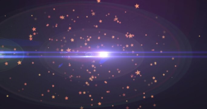 Naklejki Emitting purple-blue lens flare streak through dark cosmos with golden particles and faint rings
