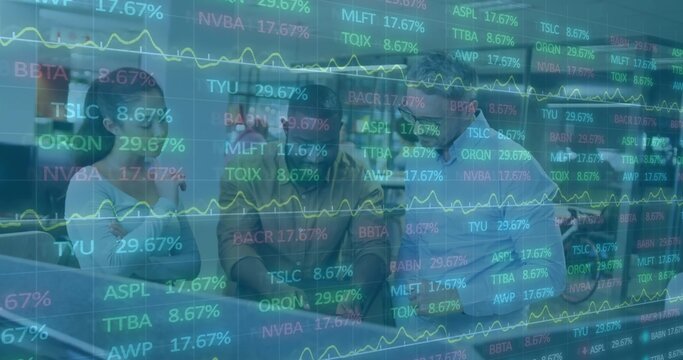 Finance team monitoring stock tickers on monitors at office table in suits, with digital overlay