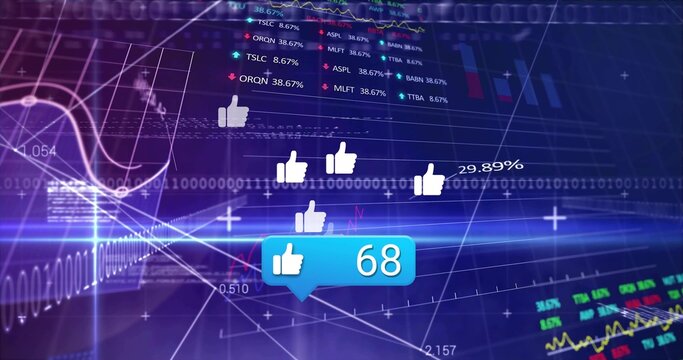 Floating blue notification bubble hovering in virtual interface, with thumbs-up icons and charts