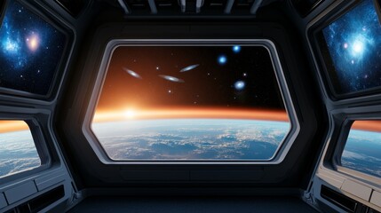 Spaceship Window View Earth and Galaxy, Outer Space, Exploration