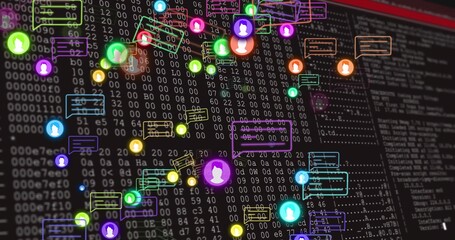 Displaying cluster of floating network nodes in cyberspace, with user icons and code streams