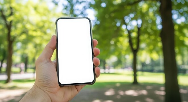 Close-up of a hand holding a smartphone with a blank white screen outdoors.