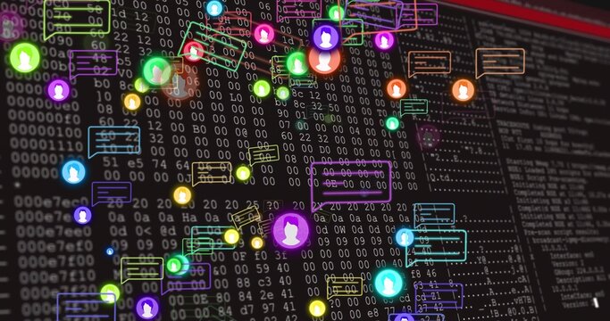 Displaying cluster of floating network nodes in cyberspace, with user icons and code streams - Powered by Adobe