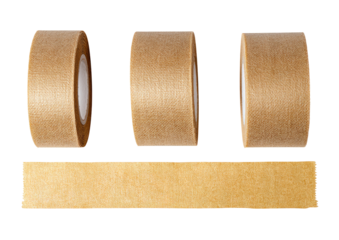 Three rolls of light brown adhesive tape, displayed vertically, with a fourth horizontal roll